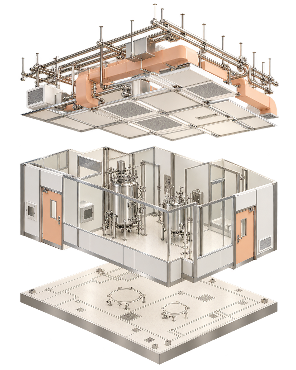 Exploded cleanroom facility showing coordinated HVAC, room enclosure and floor systems