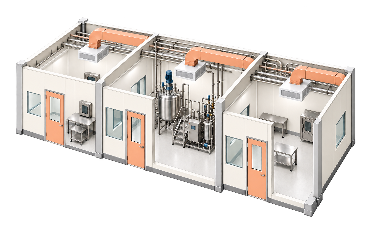 Isometric pharmaceutical cleanroom showing coordinated rooms, HVAC ducts, process equipment and utilities