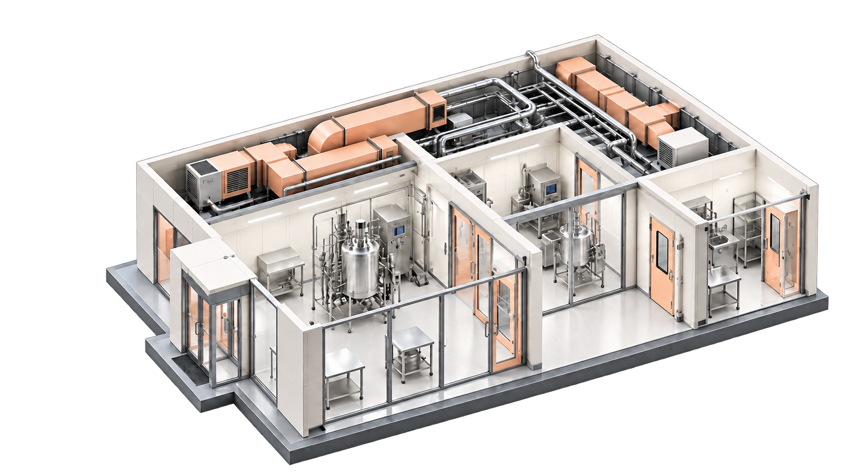 Integrated cleanroom facility with process equipment, HVAC and utility services